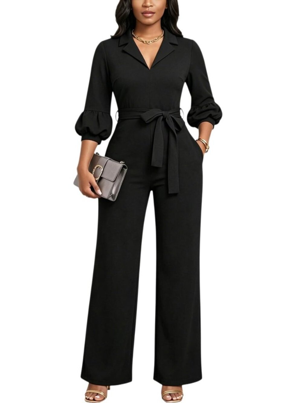 Womens Loose 3/4 Sleeve Belted Wide Leg Pant Romper Jumpsuit Casual Business One